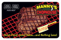 Mannys logo, Steak with grill markings over black background